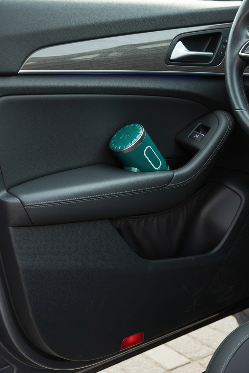 Vacuum stored in car door pocket